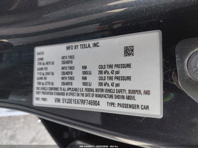 Продаж на аукціоні авто 2024 Tesla Model 3 Long Range Dual Motor All-wheel Drive/rear-wheel Drive, vin: 5YJ3E1EA7RF746904, номер лоту: 44368517