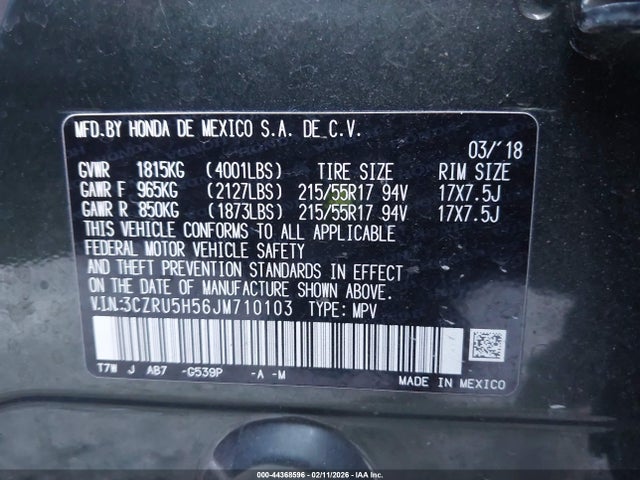 3CZRU5H56JM710103 Honda HR-V EX