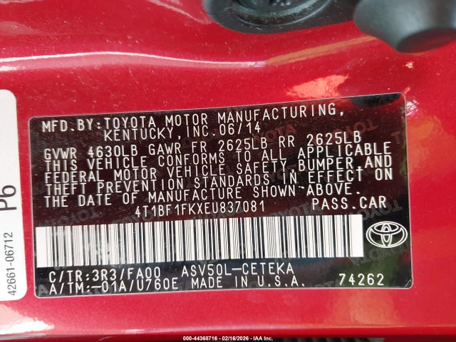 4T1BF1FKXEU837081 Toyota CAMRY L