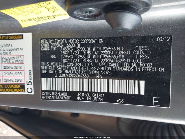Aukcja sprzedaży 2012 Lexus Gx 460 Premium, vin: JTJJM7FX8C5047660, numer aukcji: 44368792