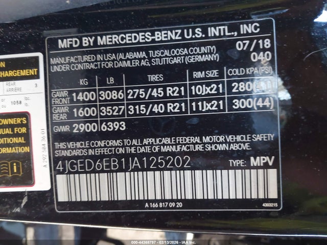 44368797 :رقم المزاد ، 4JGED6EB1JA125202 vin ، 2018 Mercedes-benz Amg Gle 43 Coupe 4matic مزاد بيع