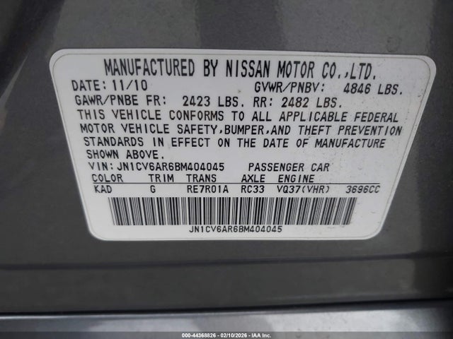 44368826 :رقم المزاد ، JN1CV6AR6BM404045 vin ، 2011 Infiniti G37x مزاد بيع