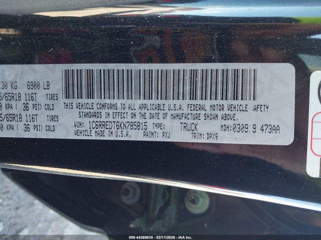 Продажа на аукционе авто 2019 Ram 1500 Laramie  4x2 6'4 Box, vin: 1C6RREDT6KN785815, номер лота: 44368835