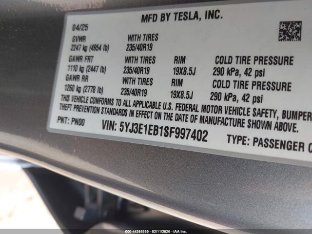 2025 Tesla Model 3 Long Range All-wheel Drive მანქანა იყიდება აუქციონზე, vin: 5YJ3E1EB1SF997402, აუქციონის ნომერი: 44368959