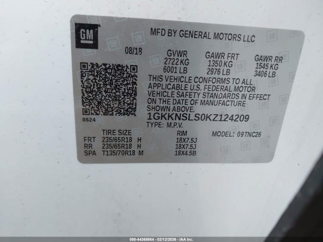 44368984 :رقم المزاد ، 1GKKNSLS0KZ124209 vin ، 2019 Gmc Acadia Sle-2 مزاد بيع