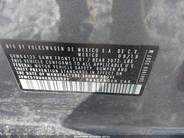 44368999 :رقم المزاد ، 3VWC57BU0KM258992 vin ، 2019 Volkswagen Jetta 1.4t R-line/1.4t S/1.4t Se مزاد بيع