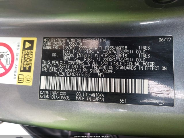 44369003 :رقم المزاد ، JTJZK1BA4D2007053 vin ، 2013 Lexus Rx 350 مزاد بيع