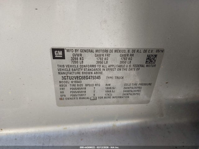Продаж на аукціоні авто 2014 Gmc Sierra 1500 Slt, vin: 3GTU2VEC6EG479345, номер лоту: 44369022