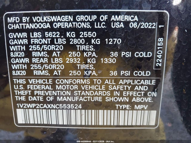 Продажа на аукционе авто 2022 Volkswagen Atlas 2.0t Se W/technology, vin: 1V2WP2CAXNC553524, номер лота: 44369044