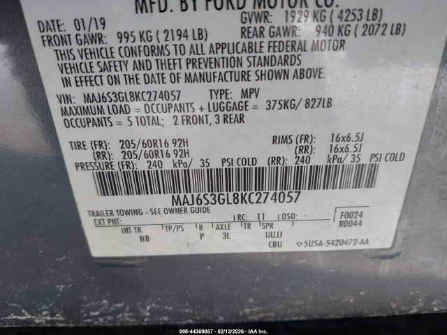 MAJ6S3GL8KC274057 Ford Ecosport Se