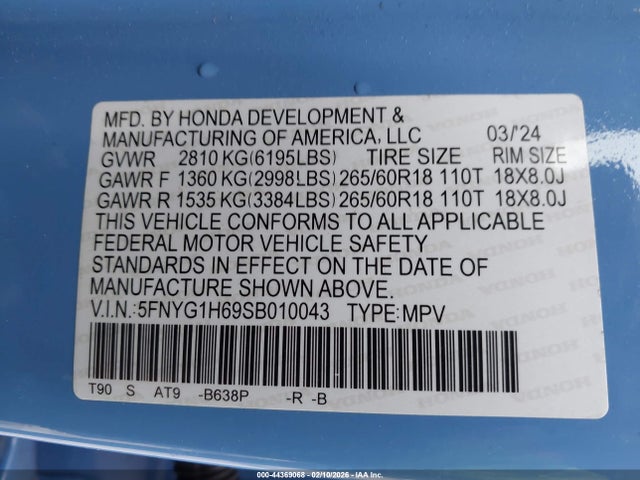 5FNYG1H69SB010043 Honda Pilot Trailsport