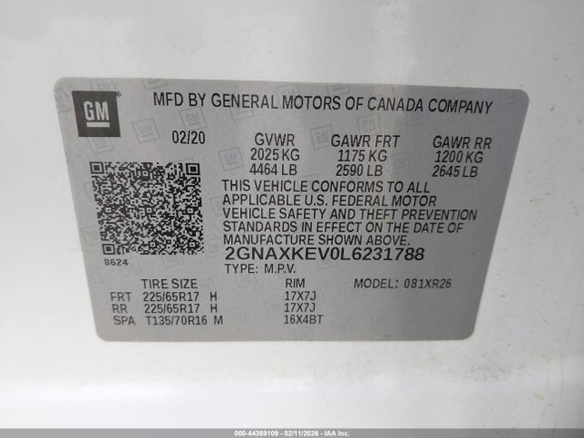 2020 Chevrolet Equinox Fwd Lt 1.5l Turbo მანქანა იყიდება აუქციონზე, vin: 2GNAXKEV0L6231788, აუქციონის ნომერი: 44369109