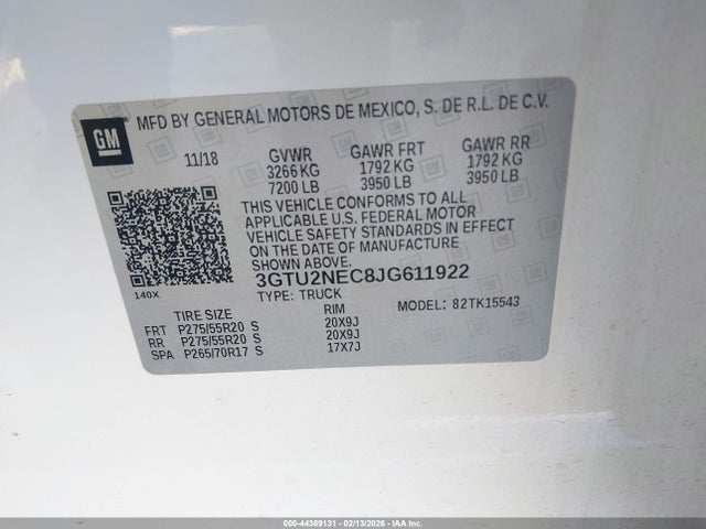 44369131 :رقم المزاد ، 3GTU2NEC8JG611922 vin ، 2018 Gmc Sierra 1500 Slt مزاد بيع