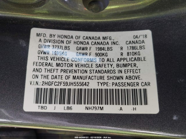 Honda Civic Lx 2018 2HGFC2F59JH555642 Image 9