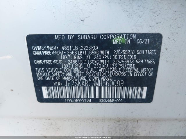 Продажа на аукционе авто 2021 Subaru Forester Sport, vin: JF2SKARC3MH560089, номер лота: 44369152