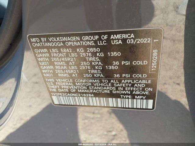 44369202 :رقم المزاد ، 1V2FE2CA0NC216284 vin ، 2022 Volkswagen Atlas Cross Sport 3.6l V6 Sel Premium R-line مزاد بيع