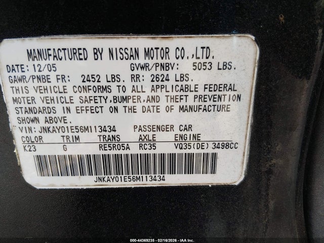 Продажа на аукционе авто 2006 Infiniti M35, vin: JNKAY01E56M113434, номер лота: 44369235