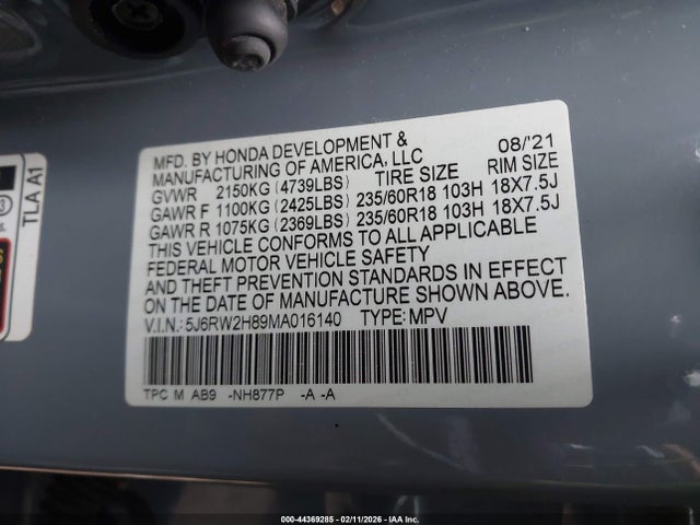 44369285 :رقم المزاد ، 5J6RW2H89MA016140 vin ، 2021 Honda Cr-v Awd Ex-l مزاد بيع