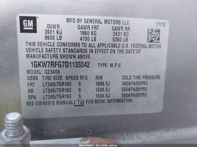 44369291 :رقم المزاد ، 1GKW7RFG7D1133342 vin ، 2013 Gmc Savana 2500 Lt مزاد بيع