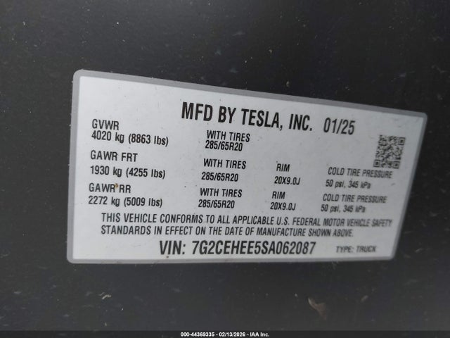 Aukcja sprzedaży 2025 Tesla Cybertruck, vin: 7G2CEHEE5SA062087, numer aukcji: 44369335