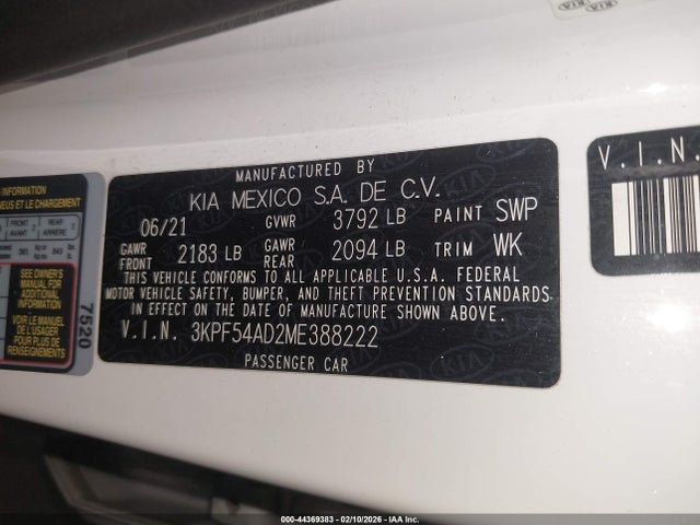 3KPF54AD2ME388222 KIA FORTE EX
