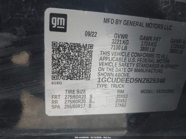 Aukcja sprzedaży 2022 Chevrolet Silverado 1500 4wd  Short Bed Rst, vin: 1GCUDEED5NZ625348, numer aukcji: 44369399