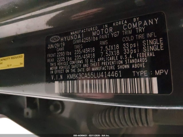 44369431 :رقم المزاد ، KM8K3CA55LU414461 vin ، 2020 Hyundai Kona Limited مزاد بيع