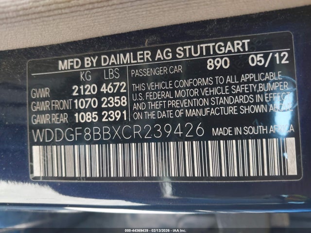 44369439 :رقم المزاد ، WDDGF8BBXCR239426 vin ، 2012 Mercedes-benz C 300 Sport 4matic مزاد بيع