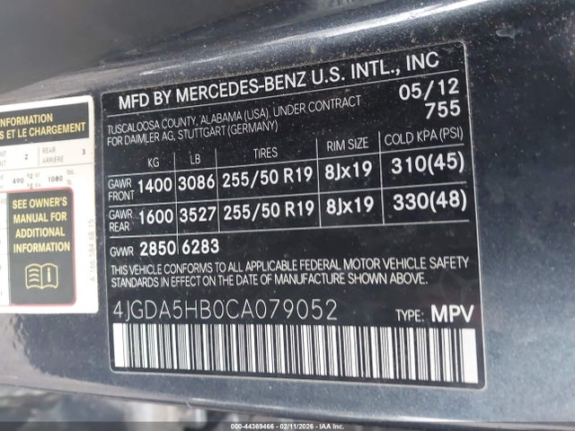 Продаж на аукціоні авто 2012 Mercedes-benz Ml 350 4matic, vin: 4JGDA5HB0CA079052, номер лоту: 44369466