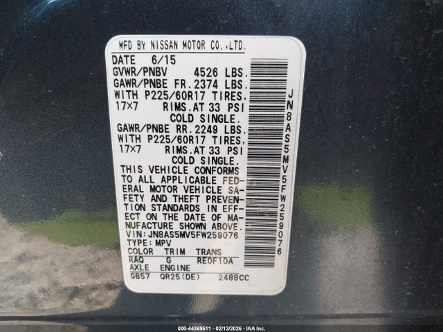 JN8AS5MV5FW259076 Nissan Rogue Select S