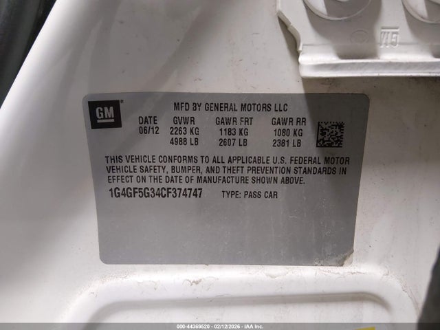 Продаж на аукціоні авто 2012 Buick Lacrosse Premium 2 Group, vin: 1G4GF5G34CF374747, номер лоту: 44369520