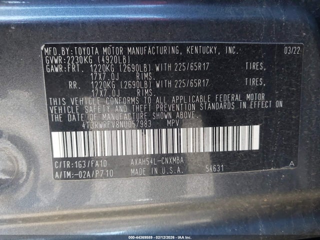 44369589 :رقم المزاد ، 4T3RWRFV8NU057983 vin ، 2022 Toyota Rav4 Hybrid Xle مزاد بيع