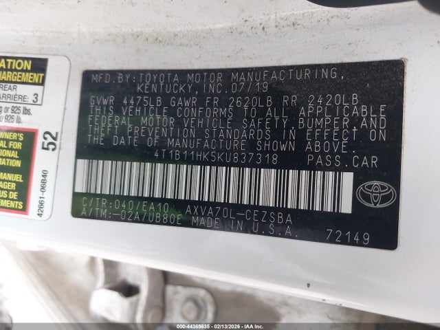 4T1B11HK5KU837318 Toyota CAMRY SE