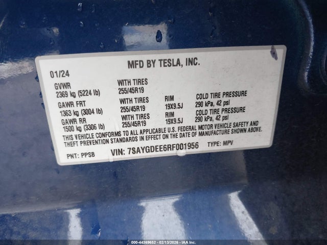 44369652 :رقم المزاد ، 7SAYGDEE6RF001956 vin ، 2024 Tesla Model Y Long Range Dual Motor All-wheel Drive مزاد بيع