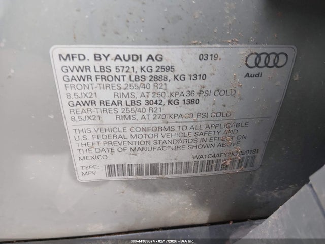 44369674 :رقم المزاد ، WA1C4AFY2K2080181 vin ، 2019 Audi Sq5 3.0t Premium مزاد بيع