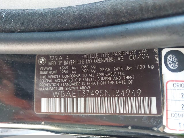 2005 Bmw 325i მანქანა იყიდება აუქციონზე, vin: WBAET37495NJ84949, აუქციონის ნომერი: 44369698