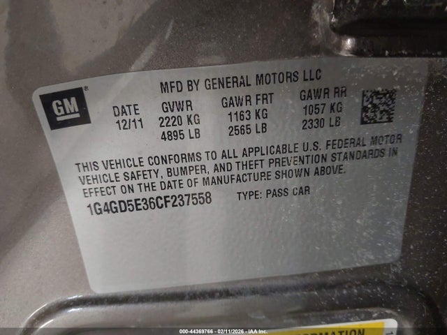 44369766 :رقم المزاد ، 1G4GD5E36CF237558 vin ، 2012 Buick Lacrosse Premium مزاد بيع