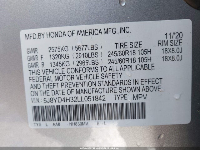 44369797 :رقم المزاد ، 5J8YD4H32LL051842 vin ، 2020 Acura Mdx Standard مزاد بيع