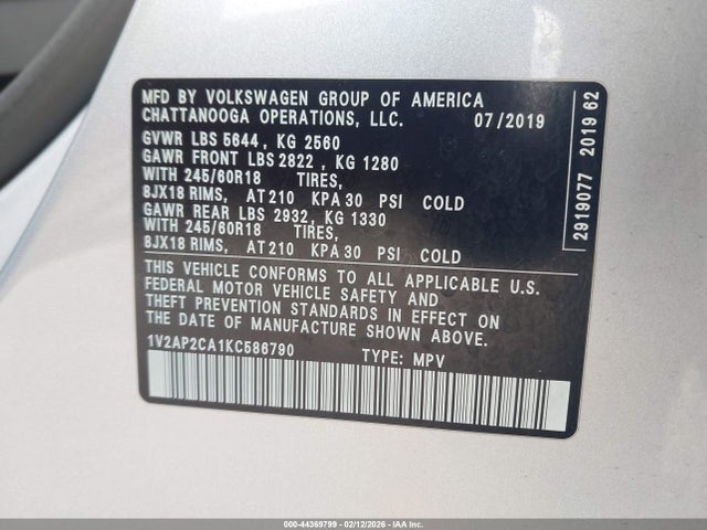 Volkswagen Atlas 2.0t S 2019 1V2AP2CA1KC586790 Image 9