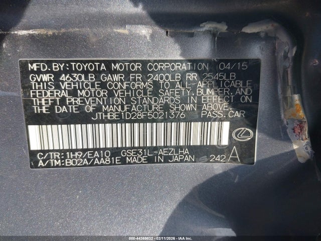 44369832 :رقم المزاد ، JTHBE1D28F5021376 vin ، 2015 Lexus Is 350 مزاد بيع