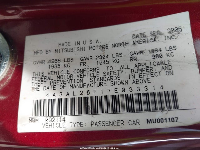 44369834 :رقم المزاد ، 4A3AL25F17E033314 vin ، 2007 Mitsubishi Eclipse Spyder Gs مزاد بيع