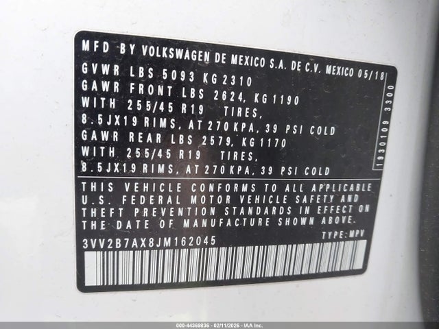 44369836 :رقم المزاد ، 3VV2B7AX8JM162045 vin ، 2018 Volkswagen Tiguan 2.0t Se/2.0t Sel مزاد بيع
