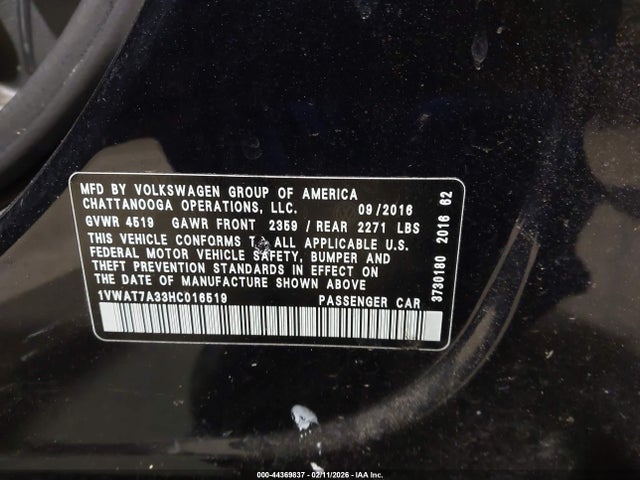 Продажа на аукционе авто 2017 Volkswagen Passat 1.8t S, vin: 1VWAT7A33HC016519, номер лота: 44369837