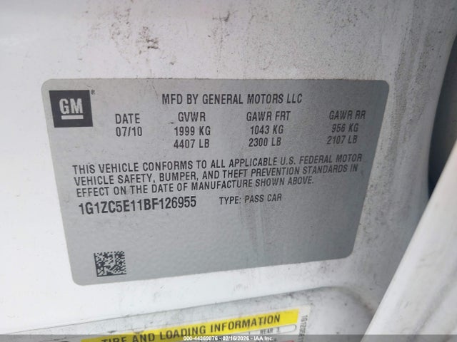 2011 Chevrolet Malibu 1lt მანქანა იყიდება აუქციონზე, vin: 1G1ZC5E11BF126955, აუქციონის ნომერი: 44369876