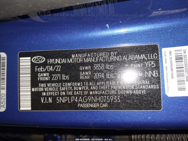 Aukcja sprzedaży 2022 Hyundai Elantra Limited, vin: 5NPLP4AG9NH075933, numer aukcji: 44369906