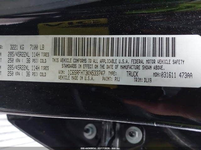 Продаж на аукціоні авто 2019 Ram 1500, vin: 1C6SRFHT3KN533747, номер лоту: 44369934
