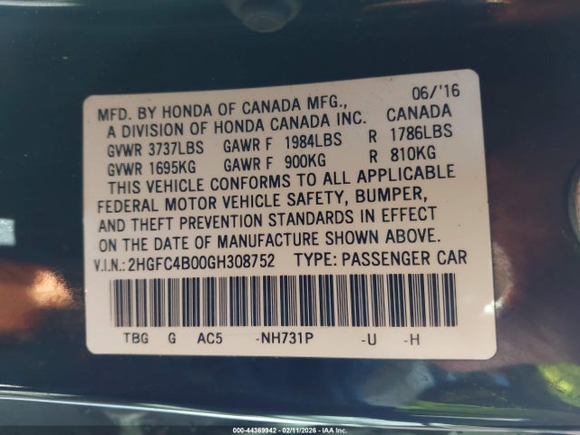 Honda Civic Lx-p 2016 2HGFC4B00GH308752 Image 9