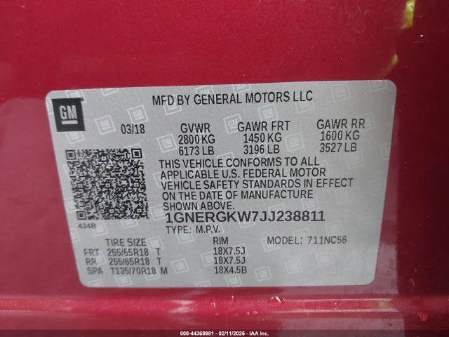1GNERGKW7JJ238811 Chevrolet Traverse 1lt