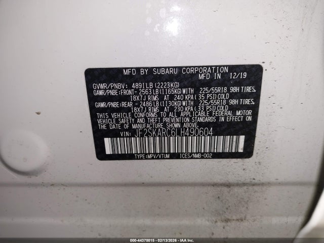 44370015 :رقم المزاد ، JF2SKARC6LH490604 vin ، 2020 Subaru Forester Sport مزاد بيع