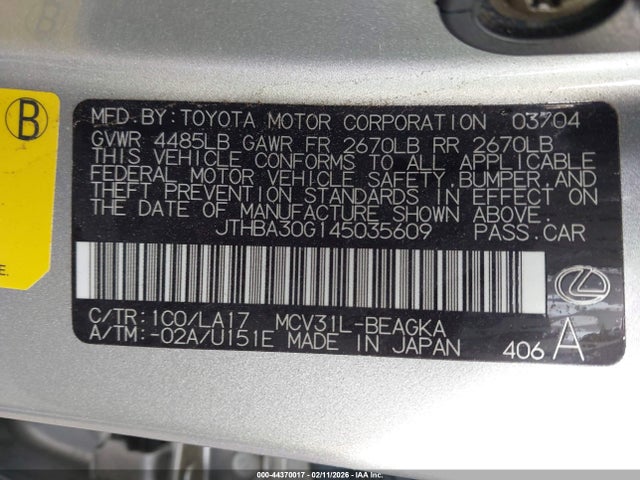 Aukcja sprzedaży 2004 Lexus Es 330, vin: JTHBA30G145035609, numer aukcji: 44370017